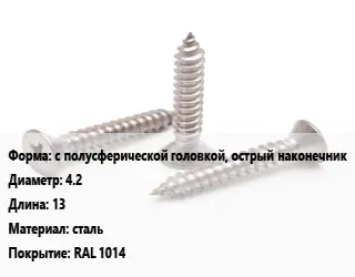 Саморез с полусферической головкой, острый наконечник D=4.2 L=13 сталь RAL 1014